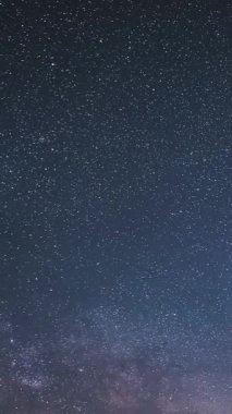 Yıldızlı gece gökyüzünde hızla hareket eden Samanyolu Galaksisi yıldızlarının dikey videosu. Gerçek yıldızların astronomi geçmişleri, sosyal medya hikayeleri için ideal. dikey, Samanyolu Galaksisi, yıldızlar, Samanyolu