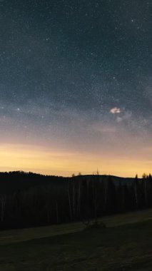 Mavi yıldızlı gece gökyüzünün dikey manzarası. Milyonlarca yıldız, bulut ve orman doğasının yumuşak ışığı. İlkbahar astronomisi zamanaşımında. Sosyal medya makaraları için ideal