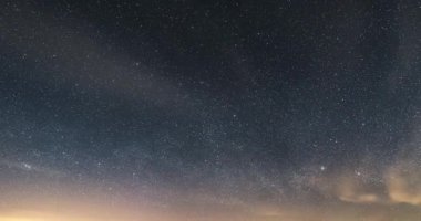 Yıldızlı bir gece gökyüzünün sayısız yıldızı ve sürüklenen bulutlarıyla güzel bir zaman atlaması. Astronomi temalı arka plan olarak mükemmel ya da uzay ve gece atmosferinin rahatlatıcı görüntüsü olarak. Yüksek kalite 4k UHD