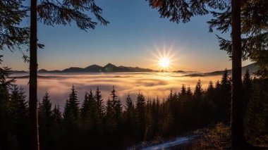 Orman doğasında güzel bir gün batımı, dağlarda bulutlu bulutlar vadide ilerlerken, sakin bir dağ manzarası ve ön planda ladin ağaçları ile birlikte. Zaman aşımı, Dolly şut, eğil, yakınlaş