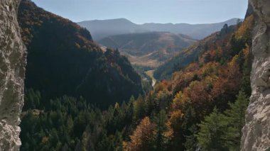 Sinema insansız hava aracı, kayalık kanyonda canlı sonbahar ormanlarını ve dağları gözler önüne seriyor. Sersemletici sonbahar manzarası doğa, seyahat ve mevsimlik görüntüler için mükemmel..