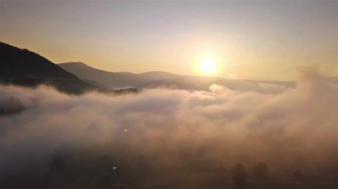Güneşin doğuşunda, ormanın ve vadinin üzerindeki sisli bulutların üzerinde uçan hava manzarası. Yumuşak altın güneş ışığı sisli bulutların arasından kırılıyor, rüya gibi, huzurlu ve büyülü bir sabah manzarası yaratıyor cennetteki gibi.