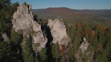 Dağ ormanlarındaki engebeli kayalık uçurumların renkli sonbaharda insansız hava görüntüsü. Kırsal kesimin ve uzak vadilerin görüntüsü. Manzaralı mevsimlik manzara, seyahat veya doğa için ideal..