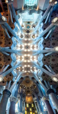 Barselona, İspanya - 11 Temmuz 2017: Gaudi tarafından tasarlanan ve 19 Mart 1882 'den beri inşa edilen katedral La Sagrada Familia' nın iç mimarisi