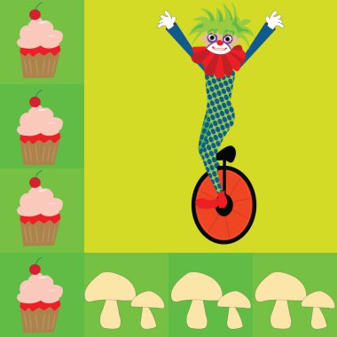 Tek tekerlekli kurabiye ve mantarlı palyaço peçeteleri için arka plan; sirk aktörü mantar ve keklerden oluşan bir sınırla tek tekerlekli bisiklet numarası yapıyor.