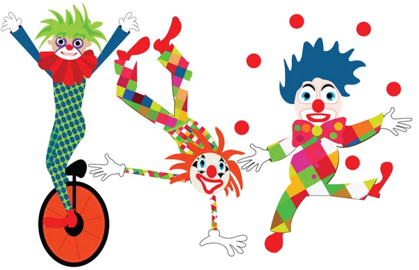 Clownfigurer Gör Tricks Tre Harlekiner Med Olika Aktivitet Rida Monocykel — Stock vektor