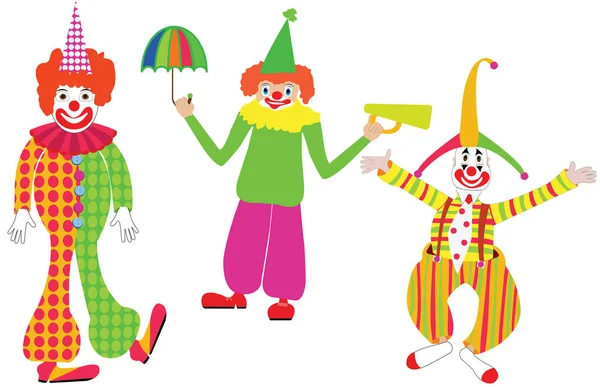 Drei Clownsfiguren Spazieren Lustig Mit Regenschirm Und Sprechrohr Drei Harlekine — Stockvektor