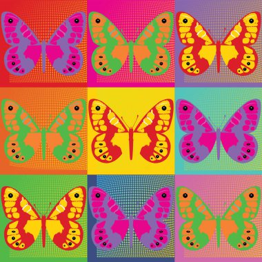 Renkli kelebekler canlı renklerde kare arka plana sahipler.
