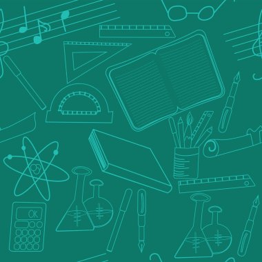 Yeşil arkaplan üzerinde okulla ilgili nesne ana hatları; cetvel; dizüstü; kalem saksı; kalem; kimya şişeleri; proproproproproproproproproator tasarımı