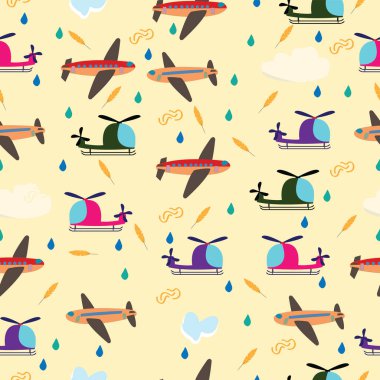 Uçaklı ve helikopterli kusursuz vektör deseni; tüylü, bulutlu ve su damlacıklı hava araçları