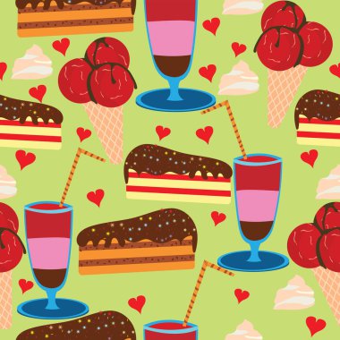 Dondurma külahı ve kokteyl bardakları pürüzsüz desenli kek; tatlı yemek parçaları ve küçük kalp tasarımlı renkli kokteyl bardağı.