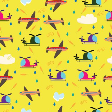 Kids seamless vector pattern with airplanes and helicopters; air vehicles with feathers , clouds and drops of water clipart