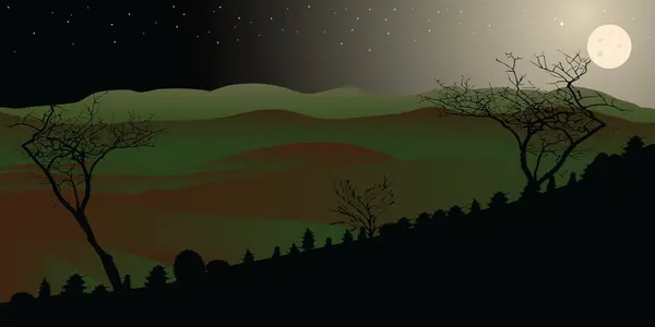stock vector Landscape with full moon hills and tree silhouette; Nightime mountain view design