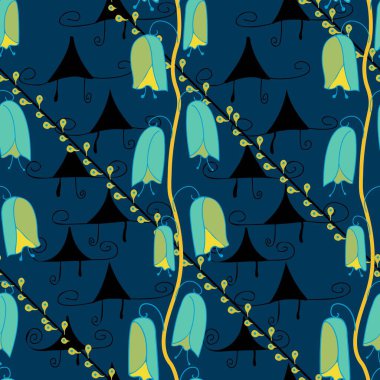 Mavi çiçekli ve sevimli süslemeli kusursuz desen