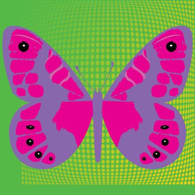 Yarım tonlu noktaların arka planında kelebek var. vektör illüstrasyonu