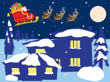 Noel Baba 'nın evlerin üzerinde kızakla kaydığı güzel kış manzarası Noel Baba geceleri köyde kızakla geziyor..