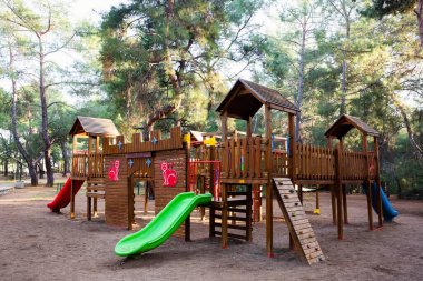 Çevre dostu malzemelerden yapılmış ahşap oyun alanı, açık havada, bir parkta, kozalaklı bir ormanda. Sürdürülebilir kalkınma ve ekoloji kavramı.