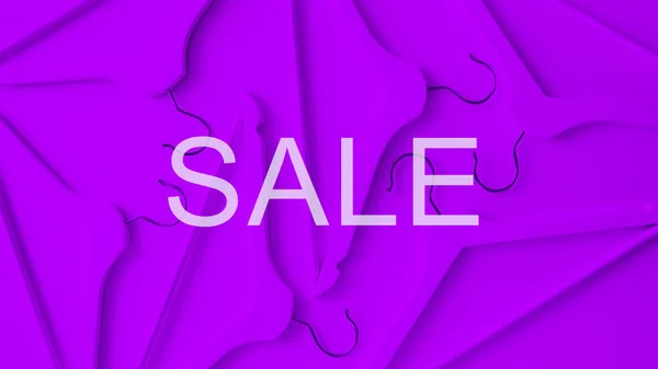 紫色の木製の服は紫色の背景にぶら下がります 碑文は ショッピングと販売のコンセプト — ストック写真