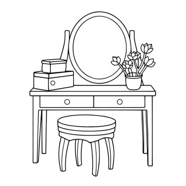 Mobilya grafikleri için ideal olan tuvalet masası taslağının minimalist vektör tasviri.