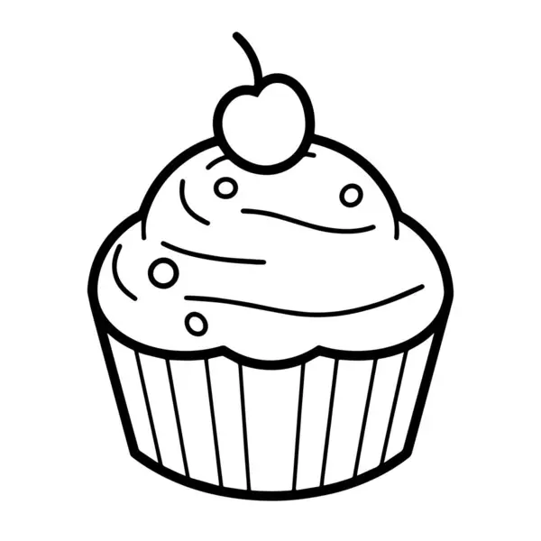 デザートメニューに最適なカップケーキアウトラインのミニマリストベクター描写 — ストックベクタ