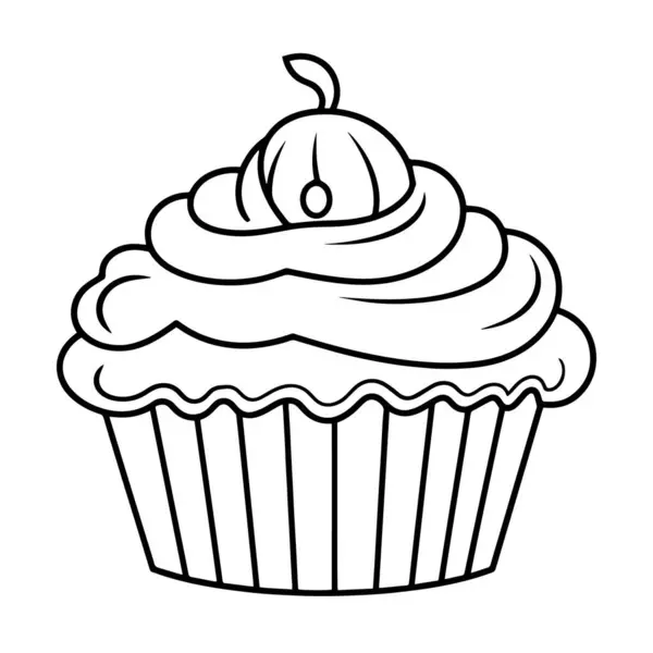 デザートメニューに最適なカップケーキアウトラインのミニマリストベクター描写 — ストックベクタ