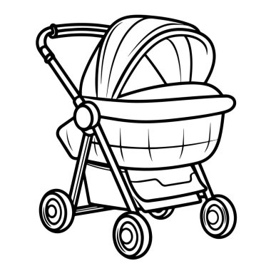 Ebeveynlik sitelerinde ve uygulamalarında kullanıma uygun temiz ve basit bebek arabası ana hatları simgesi.
