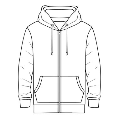 Fermuarlı kapüşonlu sweatshirt taslak sembolü, moda veya giysi grafikleri için ideal.