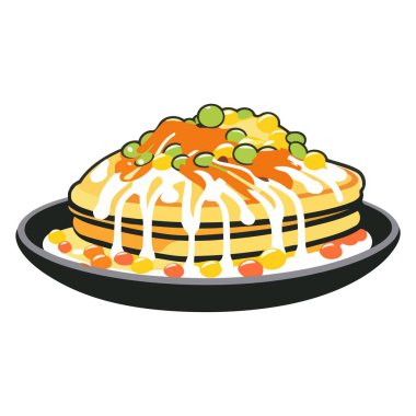 Okonomiyaki tabanlı bir vektör ikonu, içinde bonito taneleri ve mayonez gibi malzemeler içeren yuvarlak bir ana hatları var.