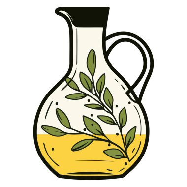 Bir zeytin yağı şişesinin vektör tabanlı ikonu, sapı kıvrımlı bir dizayn içeriyor.