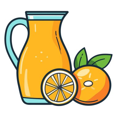 Sürahi ve bardakta portakal suyu ikonu içeren basit bir tasarım ve şeffaf bir sürahi.