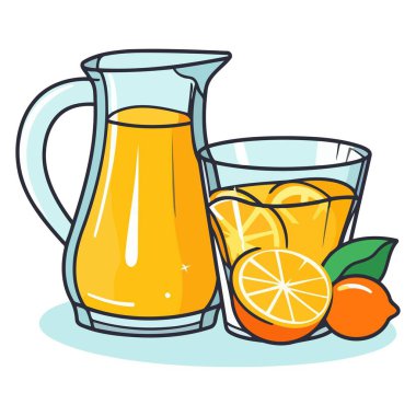 Sürahi ve bardakta portakal suyu ikonu içeren basit bir tasarım ve şeffaf bir sürahi.