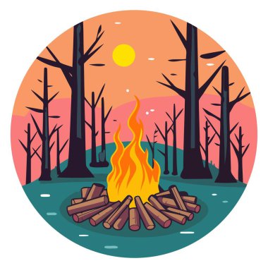 Simge, yanan kütükler ve ağaç dallarıyla vektör biçiminde bir şenlik ateşi tasvir ediyor.