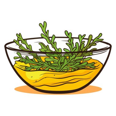 Yeşil yosun salatası ve susamlı bir kase ikonu, vektör formatında besleyici bir besin seçimini temsil ediyor..