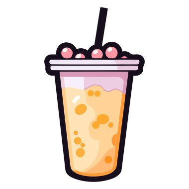 Çizgi film tarzında baloncuklu sütlü çayın simgesi, çıkartmalar ya da şakacı grafikler için uygun, bardak ve boba ile..