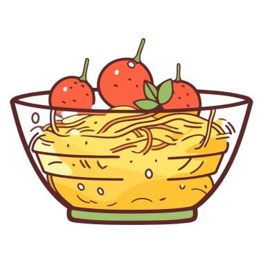 Gurme domatesli cam bir kasenin vektör çizimi, gurme tasarımlar için mükemmel..