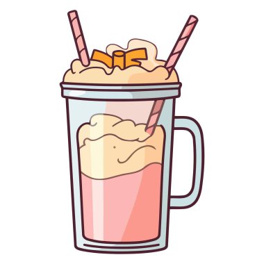 Cam bardak ikonundaki kremalı milkshake 'in vektör çizimi, içecek tasarımları için mükemmel..