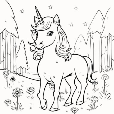 Simple line art a cute unicorn in vector style.
