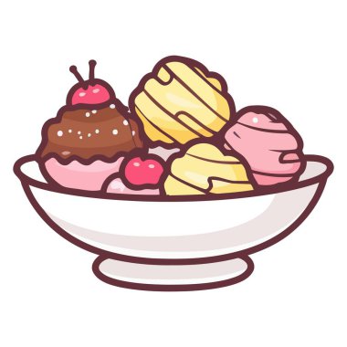 Vektör biçiminde çikolataların ve mini kremalı pufların ikonik çizimi.