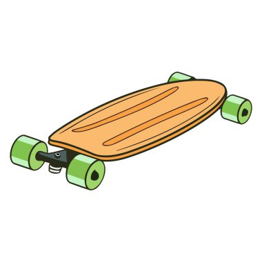 Retro çıkartma Karikatürü klasik bir kaykay ve vektör tasarımının izole edilmiş yan görüntüsü.