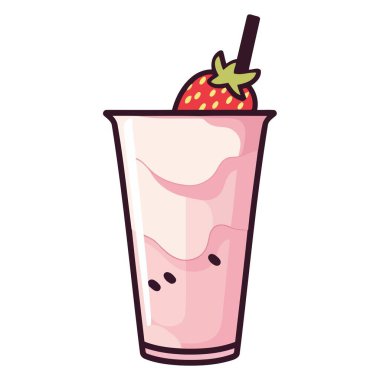 Lezzetli bir karikatür çizimi çilekli sütlü çay, ikonlar için mükemmel..