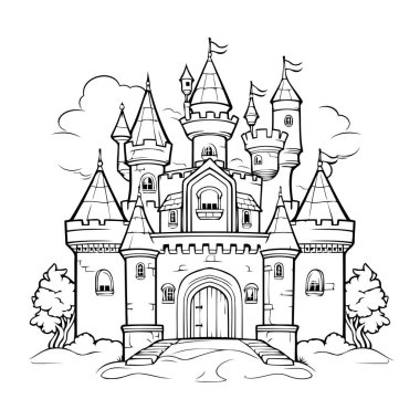 Let your creativity soar with a cute cartoon castle outline for coloring. Outline icon in vector form.  clipart