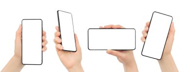 Beyaz arkaplanda izole edilmiş, boş ekranlı akıllı telefon kullanan kadın elleri
