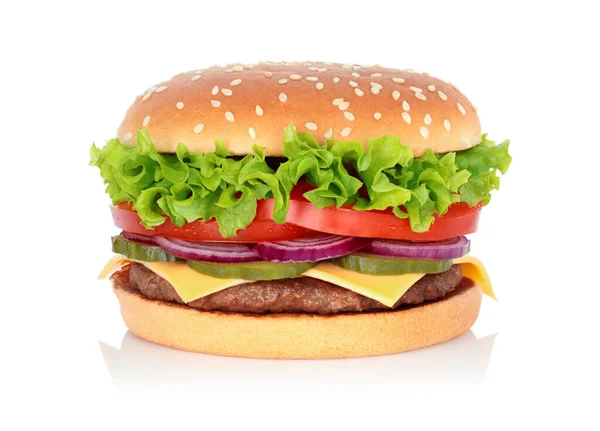 Biftek Pirzolalı Büyük Hamburger Beyaz Arka Planda Soğan — Stok fotoğraf