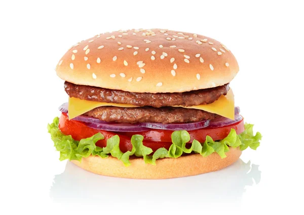 ホワイトバックグラウンドクローズアップ2カットの大きなハンバーガー — ストック写真