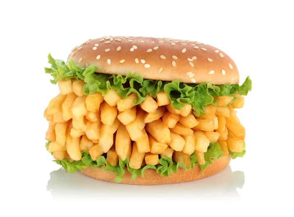 Großer Hamburger Mit Pommes Frites Auf Weißem Hintergrund Nahaufnahme — Stockfoto