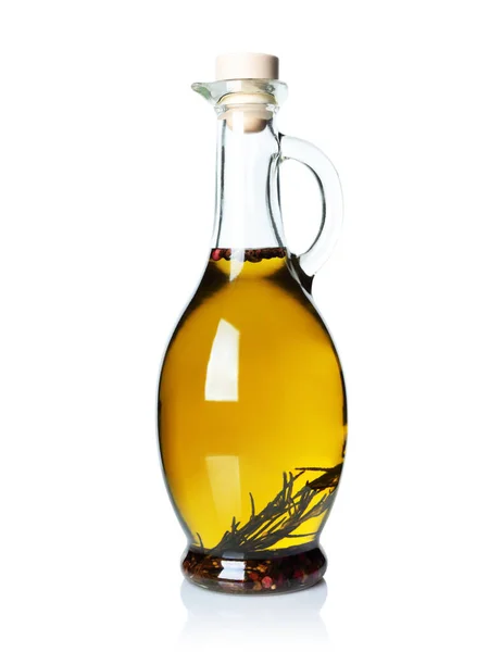 Стеклянная Бутылка Оливкового Масла Белом Фоне Крупным Планом — стоковое фото