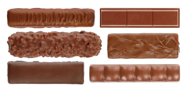 Farklı Çikolata Çubukları Yakın Plan Üst Görünüm Beyaz Arkaplanda Izole — Stok fotoğraf