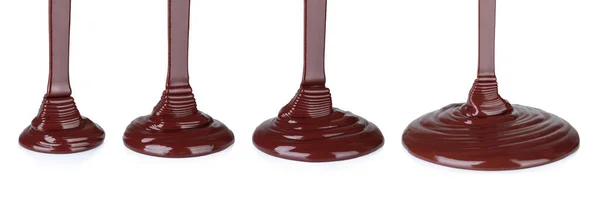 Conjunto Chocolate Derretido Gotejamento Progressão Crescente Fundo Branco Close — Fotografia de Stock