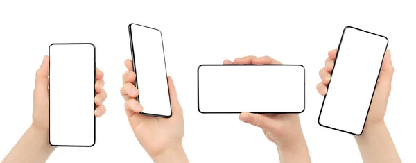 Zestaw Kobiecych Dłoni Pomocą Smartfona Czystym Ekranem Izolowany Białym Tle — Zdjęcie stockowe