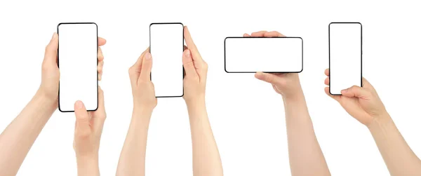 Conjunto Mãos Mulher Usando Smartphone Com Tela Branco Isolado Fundo — Fotografia de Stock